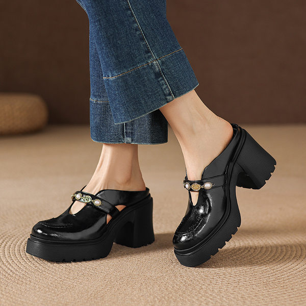Mule nữ da bò bít mũi đế dày gót cao 9 cm khóa kim loại — màu đen, màu trắng ngà