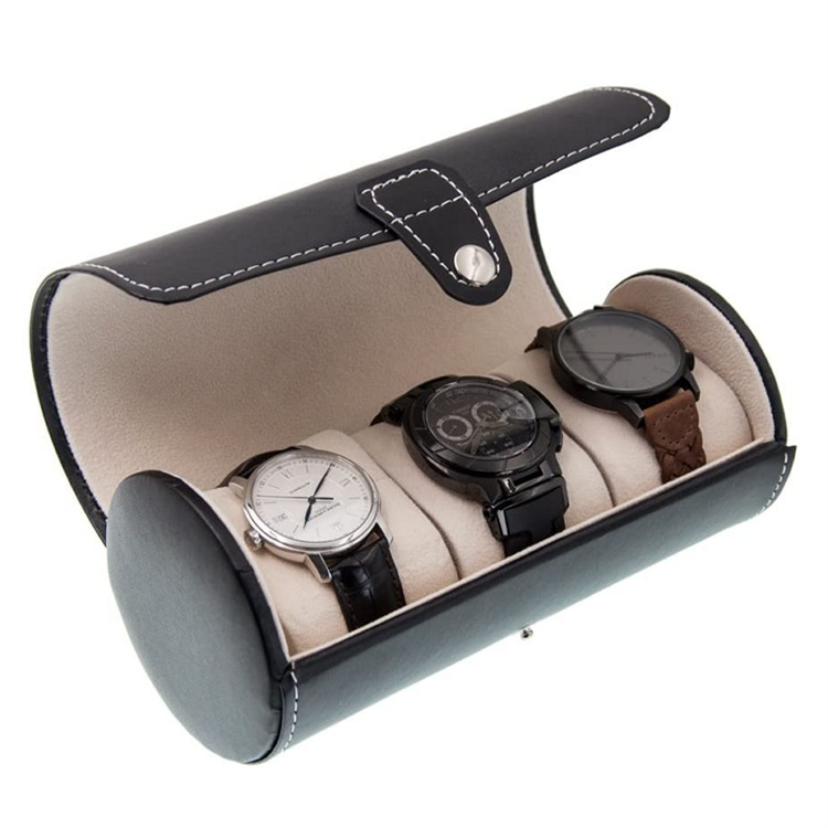 旅行手表收纳盒 人造革卷手表收纳袋首饰盒 3 个插槽(黑色)