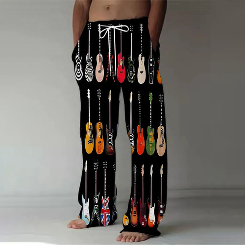 Men's Casual Straight Leg Guitar Print Pants Loose Fit Vintage Style Music Home Pants Best Selling