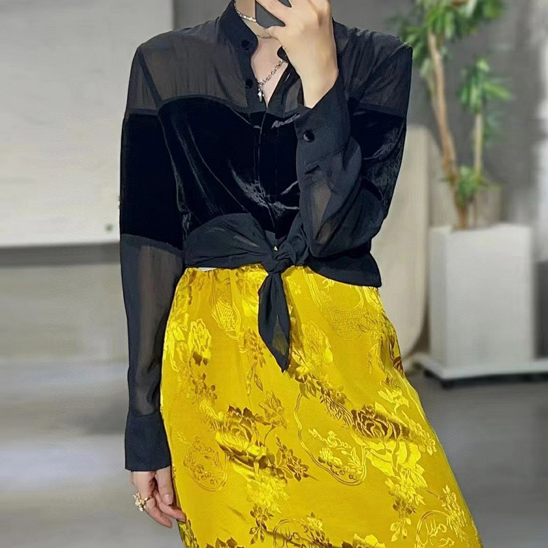 GraceChic GraceChic GraceChic Wom's Fashion Station 25 nuove camicette in velluto di seta patchwork in rete trasparente alla moda europea per_voghion.com