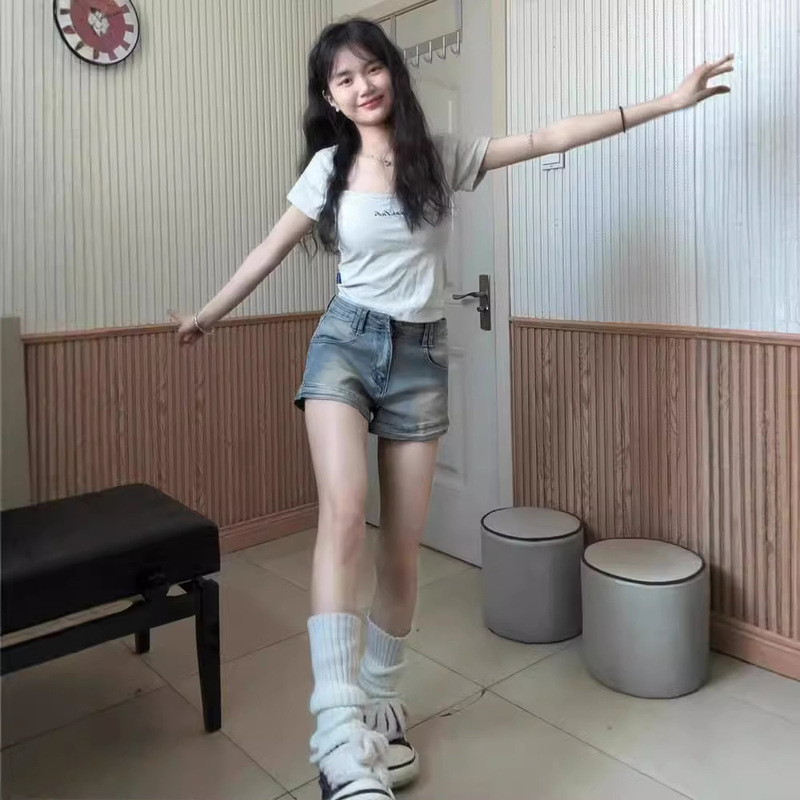 American Style Retro Short Denim Shorts Women's Summer Thin High Waist Elastic Slimming A- Shaped Hot Girl Straight Wide-Leg Pants