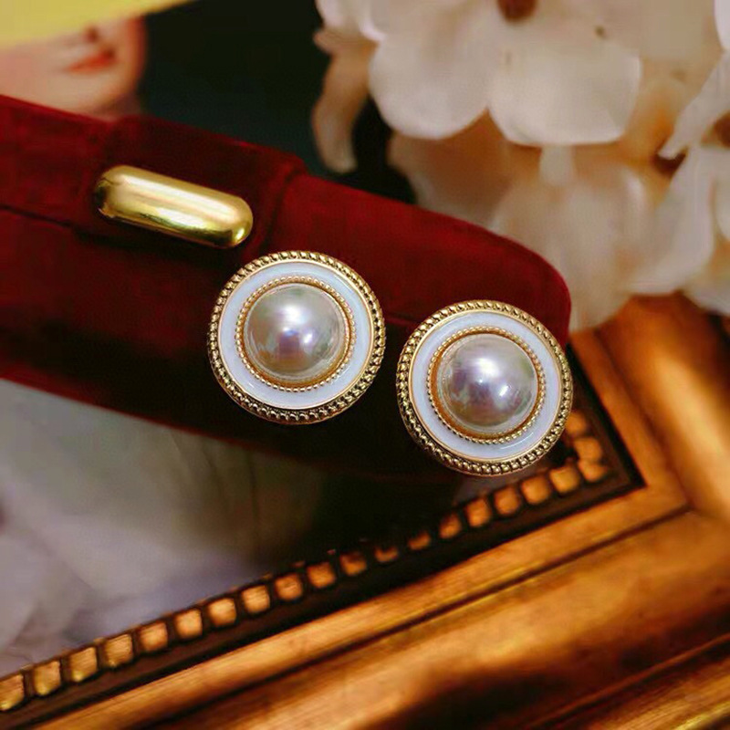 复古宫廷风圆圈贝壳耳钉港风s925银针镶嵌天然