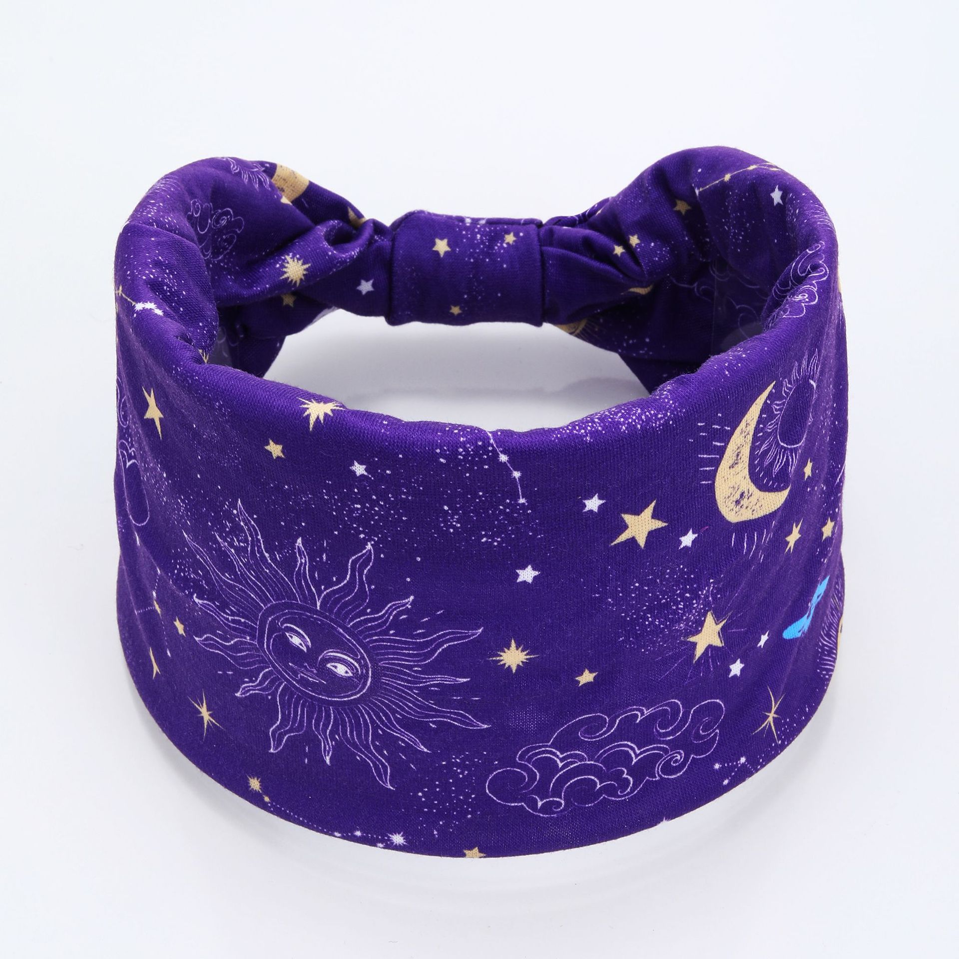 Banda de cabello de borde ancho de estilo nacional antideslizante para mujeres y niñas adornamiento de cabello de patrón de cuadrícula de estrella y luna flotante