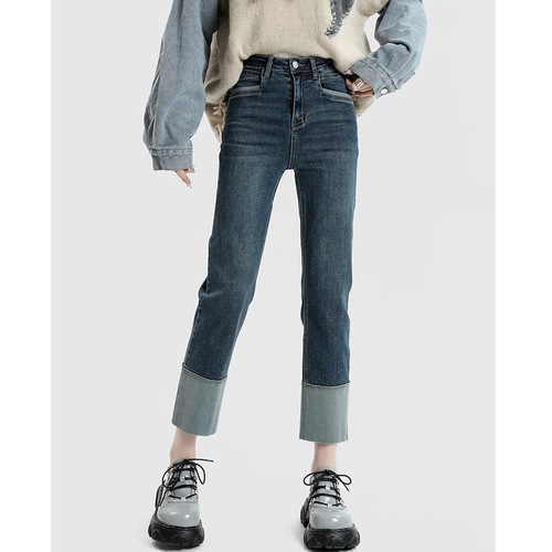 Vintage Flared Straight Leg Women's Winter High-Waisted Elastic Fitted Slimming Casual Nine-Inch Smoked Pipe Pants