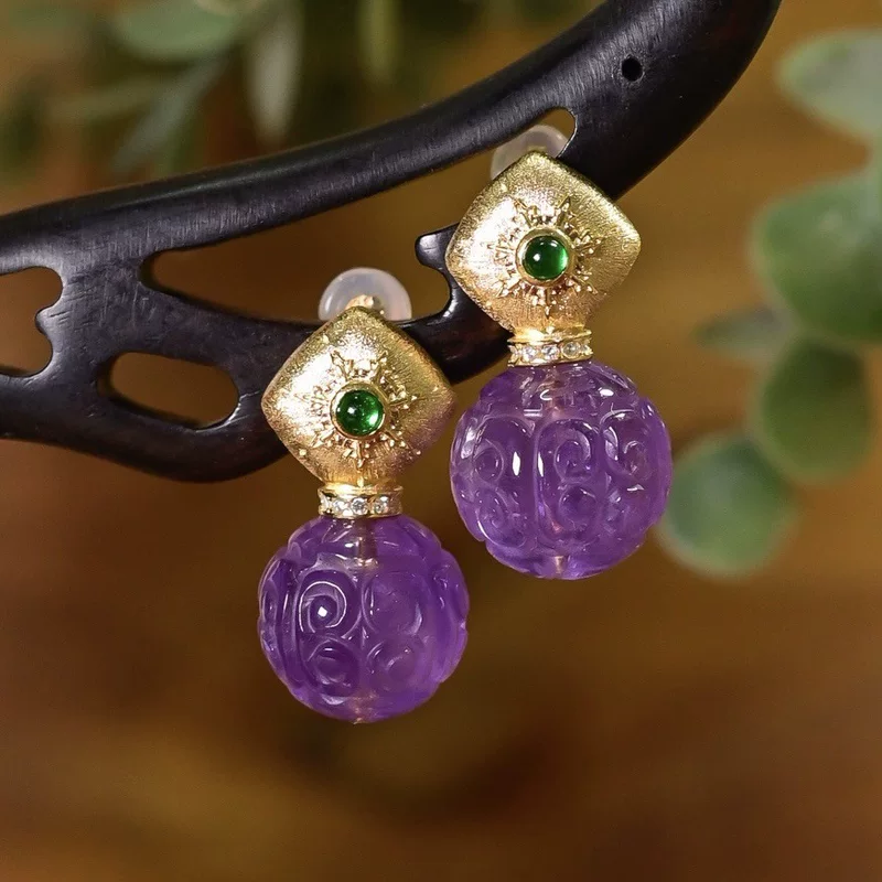  organically carved earrings with amethyst, silver 925 sample, simple and elegant design