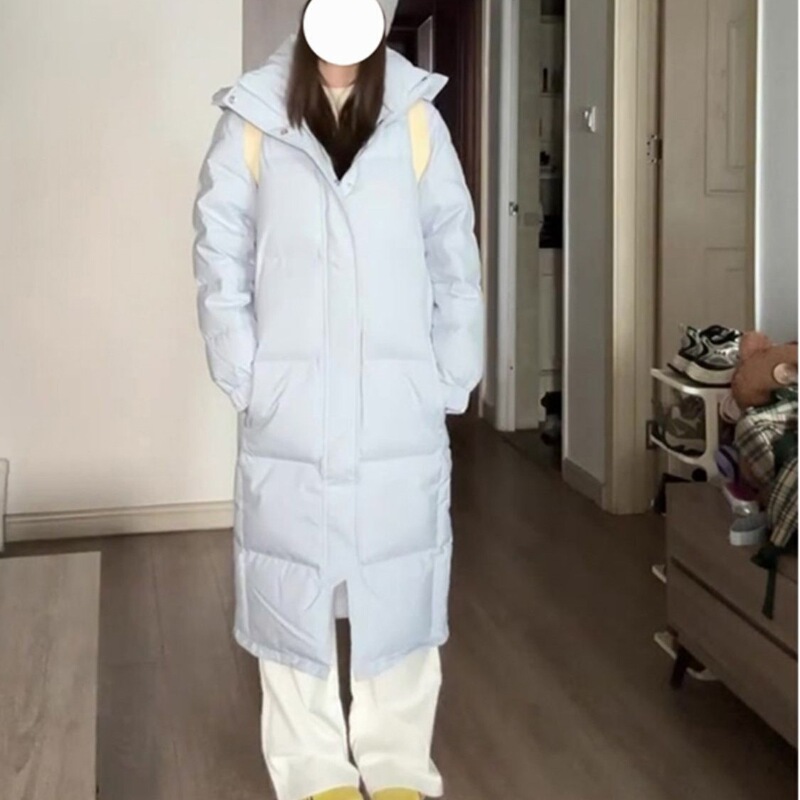 大码温柔风奶蓝色中长款羽绒棉服女冬季宽松加厚保暖过膝棉衣外套|undefined