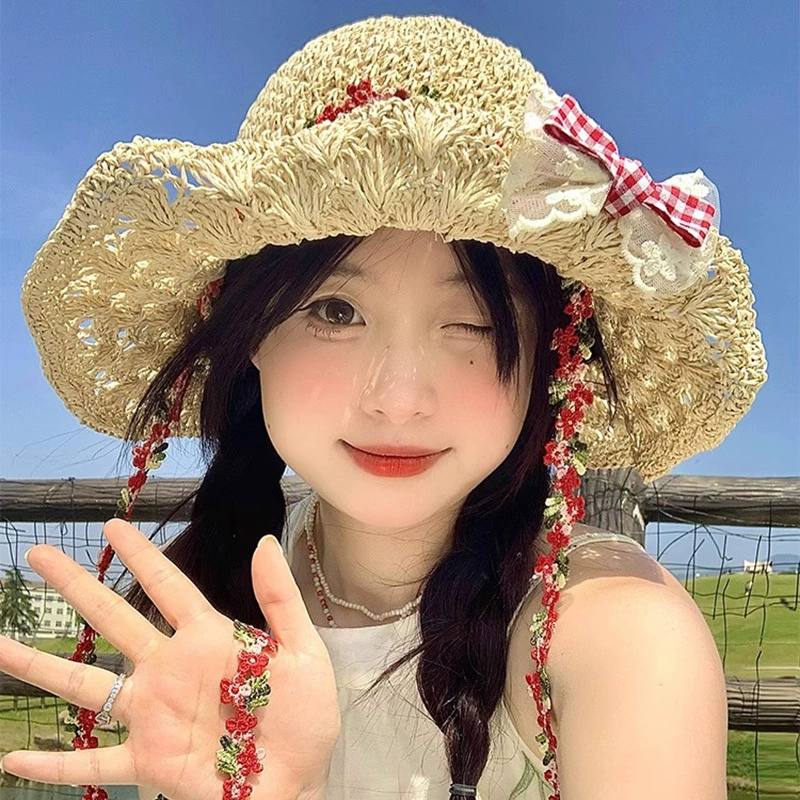 Summer belt with bow, beach sun hat solar-powered, flowered, beach style