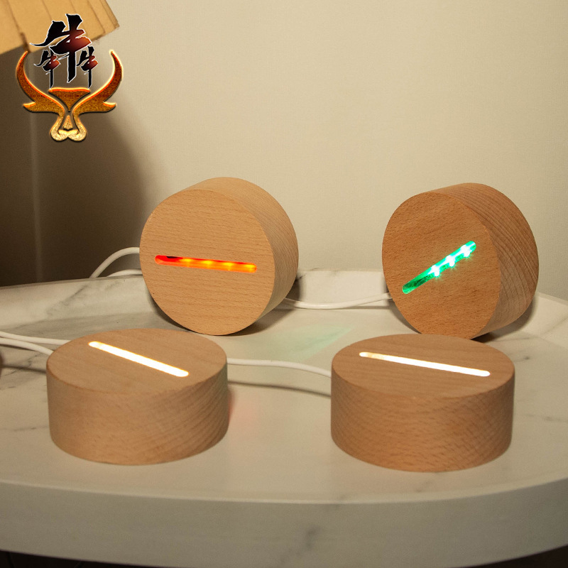 Nightlight Round Solid Wood Base Beech LED Wooden Touch Switch USB Charging Acrylic DIY Ornaments