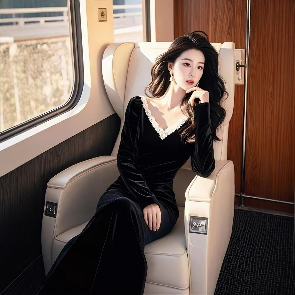 Autumn and Winter Formal Occasion Banquet Dress Elegant Socialite Light Luxury High-end Dame Atmospheric Black Velvet dress