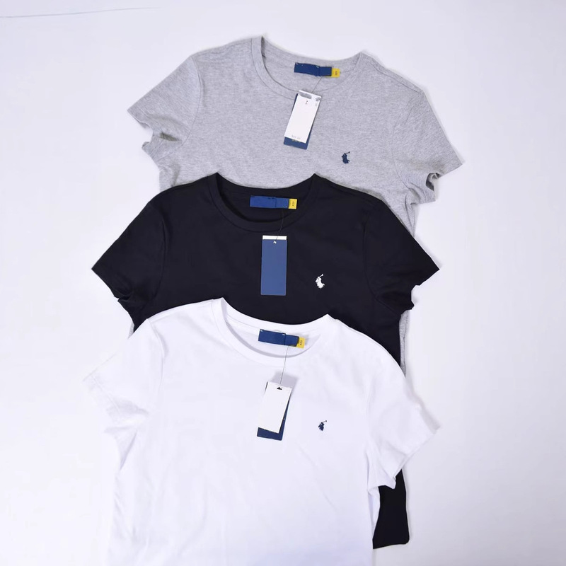 high quality RL Ralph Pony Mark Cotton Round Neck Embroidered Summer Women's Top Solid Color American Short-sleeved T-shirt