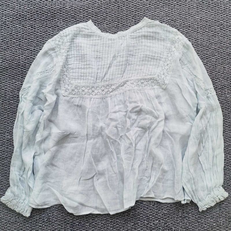 ck2026 autumn new women's round-neck Japanese-style ramie shirt loose long-sleeve pullover fresh and artistic lace