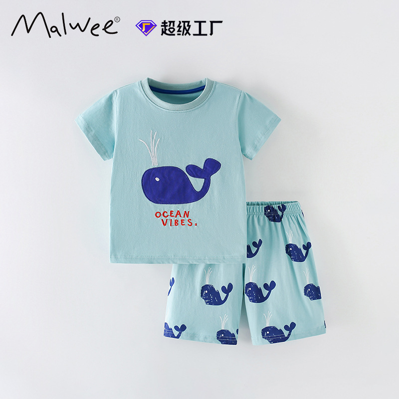 Cross-border malwee boys suit summer new European and American style short sleeve round neck T-shirt two-piece set