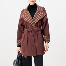 高级感撞色格子毛呢外套女秋冬2025年新款收腰系带显瘦中长款大衣