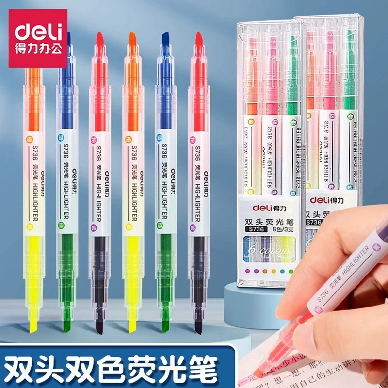 Канцелярские товары Deli S627 Хайлайтер Флуоресцентный маркер Студенческий грубый ход Ключ Двуглавый цветной маркер Конфетный цвет