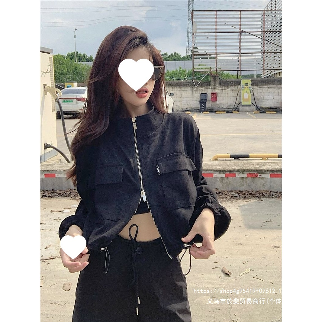 American-style hot girl double zipper stand collar short jacket women's spring and autumn drawstring waist cropped loose workwear jacket top