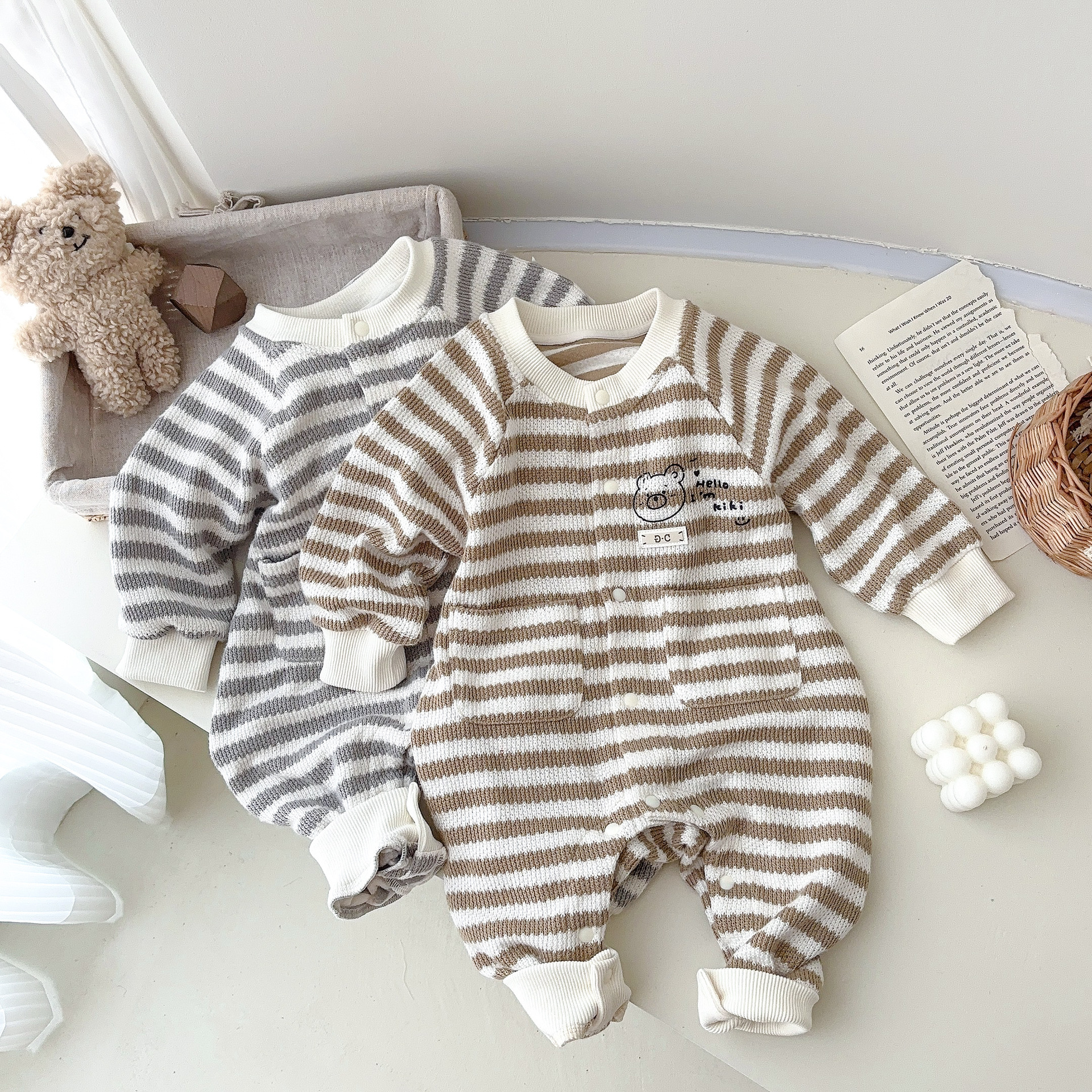 Ropa de bebé, ropa de primavera y otoño, mameluco de manga larga de dibujos animados a rayas, mameluco para bebés, ropa de salida