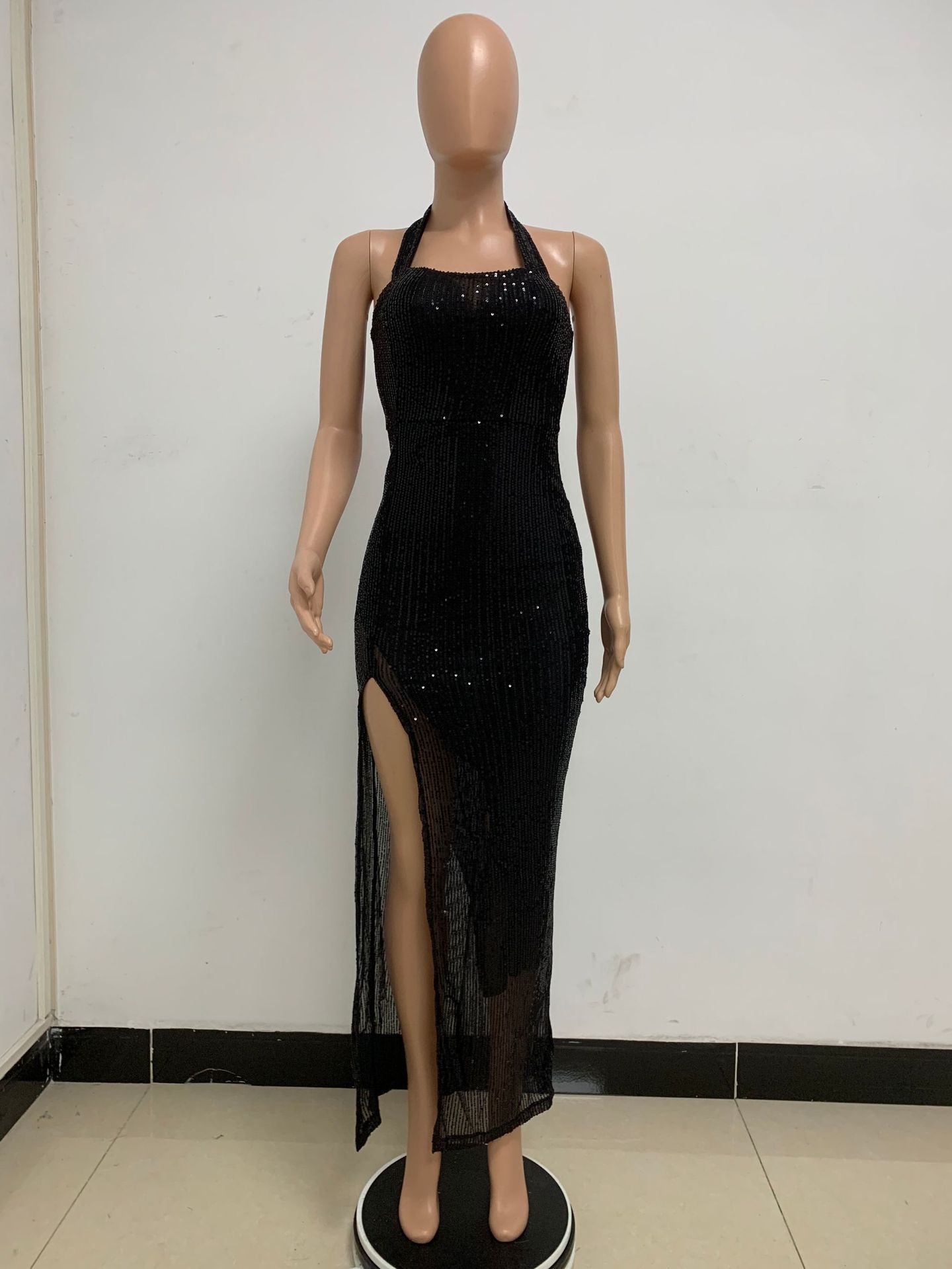 350g Weight Maxi Long Dress Dress Length Type Sleeveless Sleeve Length Party Dress Dresses Type Spandex, Polyester Fabric Type High Waist Waist Line Banquet, Party Occasion Halter Neck Neckline Slim Fit Type Solid Color Pattern Summer, Spring, Autumn Season Women's Gender Sequins Design Elegant, Sexy Style Wholesale Women's Elegant Sexy Sequins Solid Color Banquet Party Halter Neck Sleeveless Party Dress 59