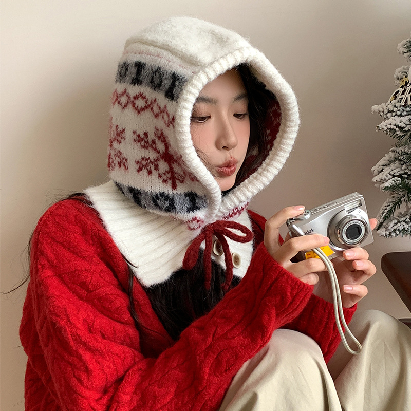 フェア島風毛糸帽子女子秋冬レトロ百合大頭囲保温ニット帽子顔小耳保護帽子