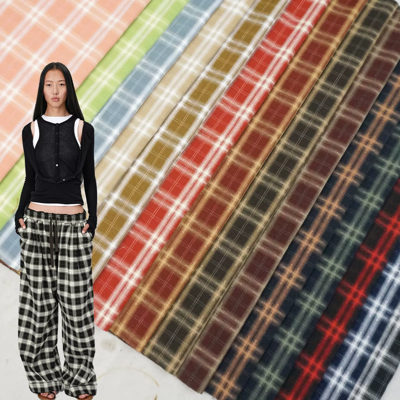 春夏连衣裙旗袍格子面料 TR弹力提花色织衬衫布 裤装时装格纹布料