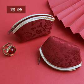 饰品收纳袋红色绒布锦缎拉链首饰袋零钱包枣红缎面饺子包复古