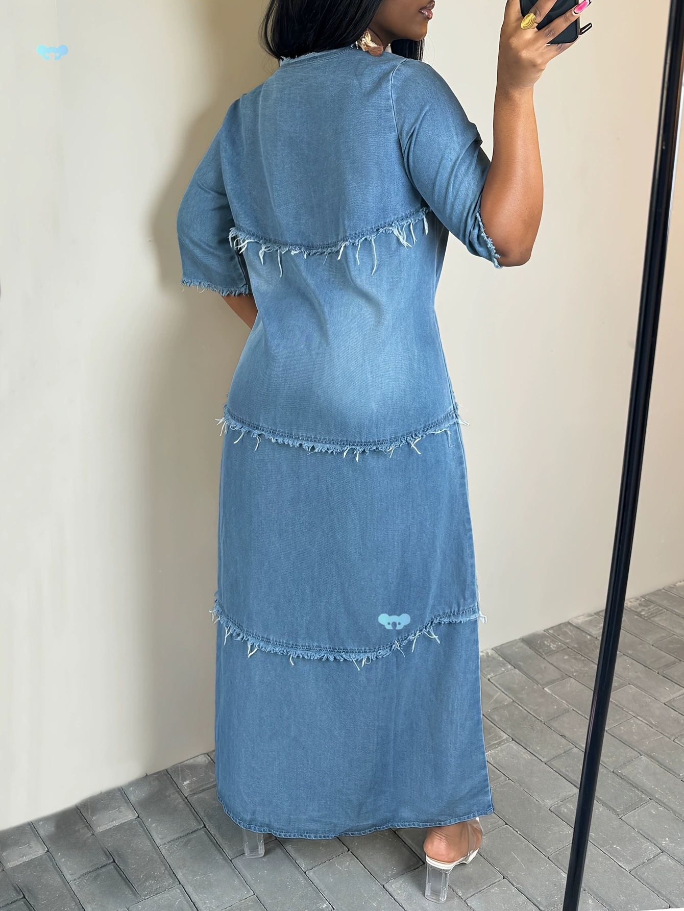 Свободное джинсовое платье макси в богемном стиле с V-образным вырезом 3/4 через границу