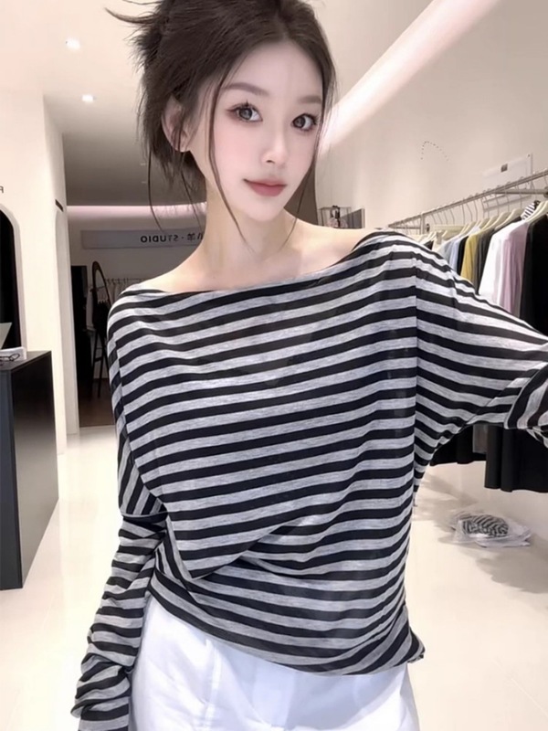 条纹一字领露肩上衣女早秋季2025新款高级感轻奢宽松显瘦长袖t恤|undefined