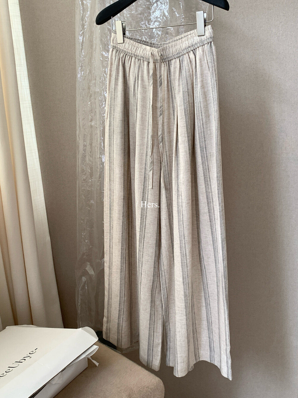 Quần culottes nữ ống rộng cạp cao chun rút dây sọc kẻ chất liệu ramie mùa hè — Màu cà phê, màu mơ chi tiết 26
