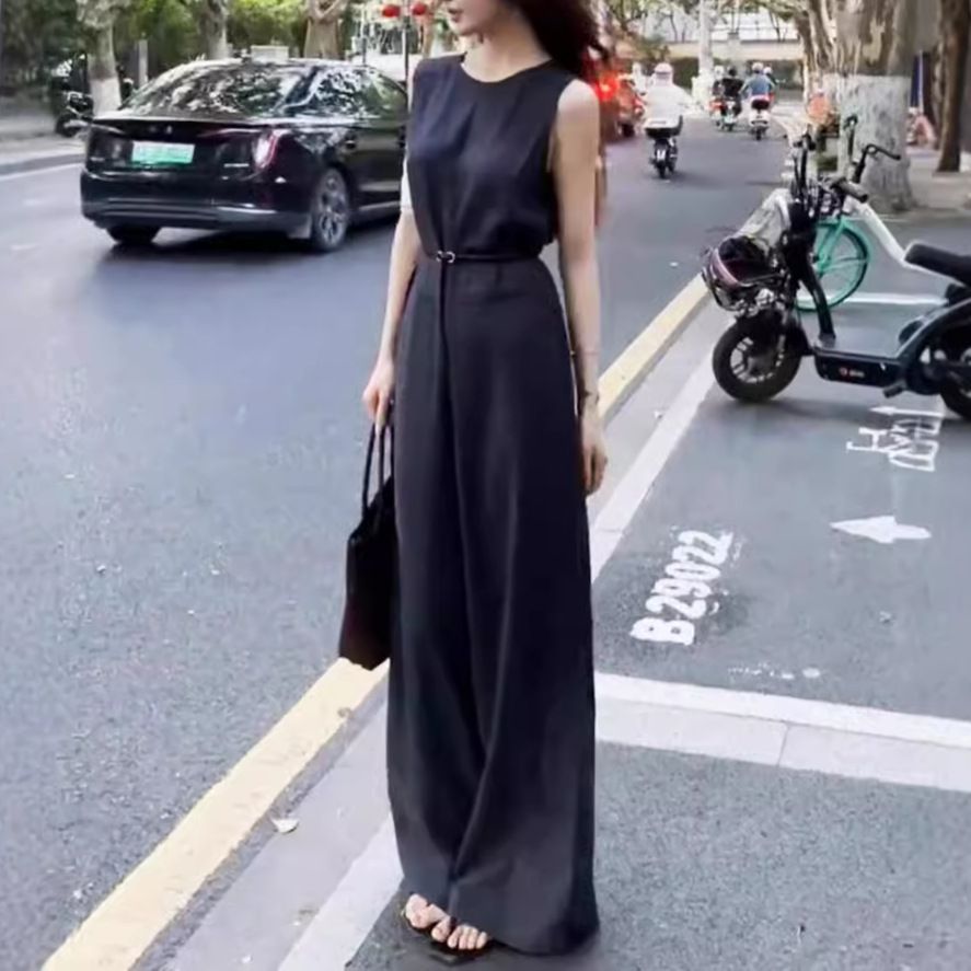 新款收腰显瘦无袖连体裤气质女神范一件式灰色连体阔腿裤夏季女