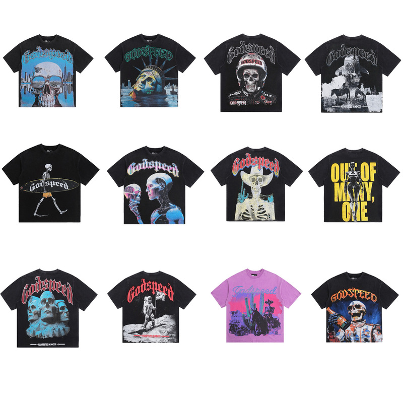 Summer High Street T-Shirt Motorcycle Skull Rock Street Retro Washed Niche Trendy Brand God Series Collection Short Sleeves