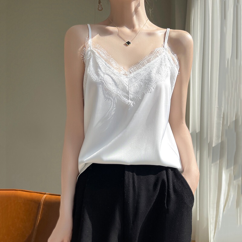 Silk Satin Camisole Women's Vest 2024 Summer New Slim-fit V-neck Short Elegant Inner Top T-shirt