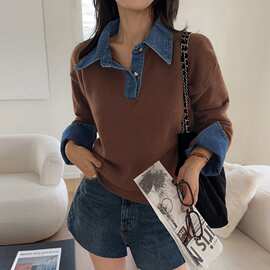 秋冬 牛仔拼接假两件毛衣女宽松polo翻领时尚百搭上衣针织衫
