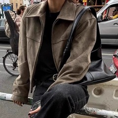 韩国chic 秋日 麂皮绒 长袖 双头拉链 机车外套女 短外套