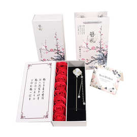 厂家现货8朵玫瑰花礼盒发簪盒发夹盒古典桃木簪礼物盒古风首饰盒