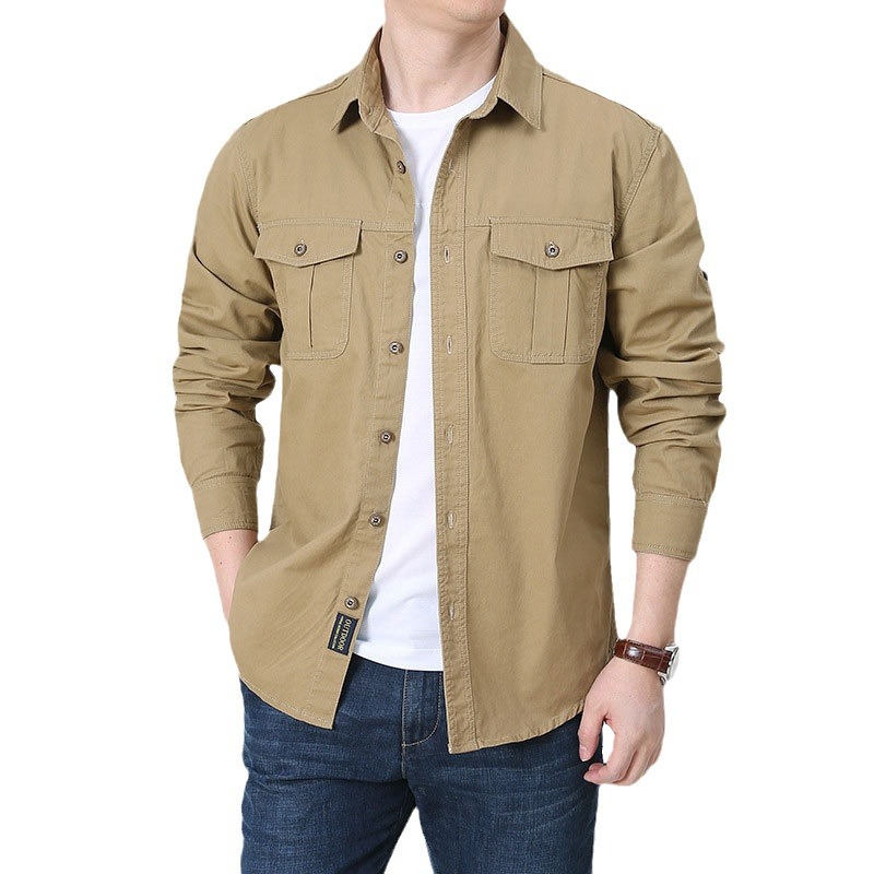 2024 primavera y otoño nueva camisa de mangas largas de algodón de bolsillo uniforme militar de gran tamaño camisa casual de hombre abrigo delgado