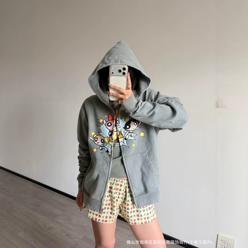 Current 26ss Nanyou Haute Couture/Boutique Niche Powerpuff Girls Collaboration Graffiti Print Zipper Sweatshirt for Women