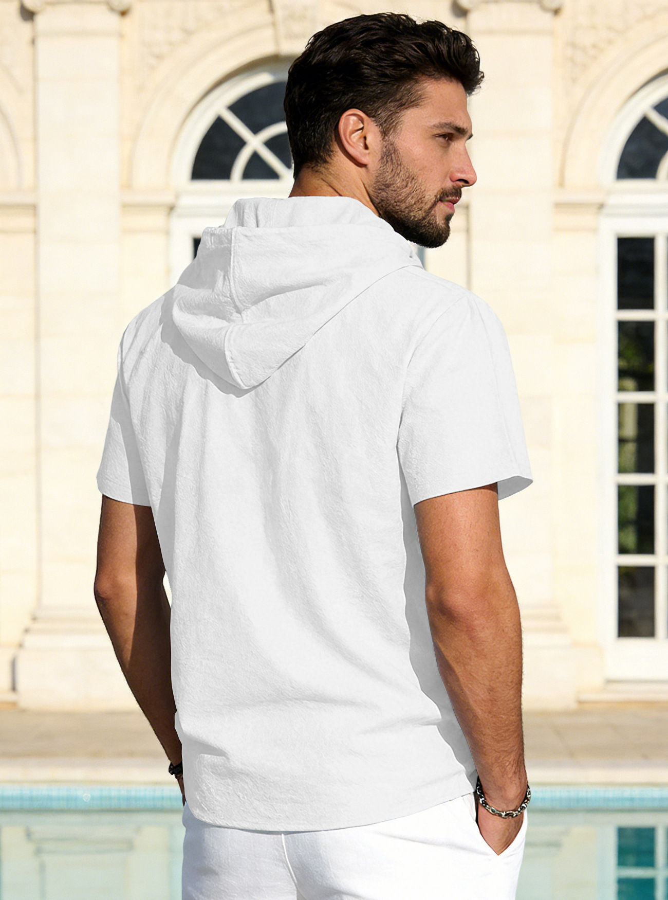 T-shirt con cappuccio in lino da uomo a maniche corte spiaggia_voghion.com