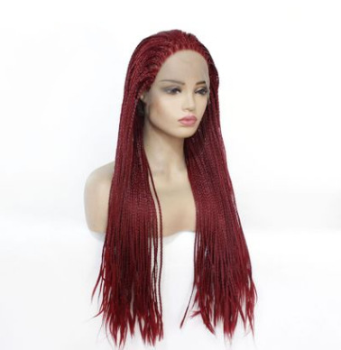 Peluca de encaje frontal de fibra química, trenza de tres hebras de color burdeos para damas europeas y americanas