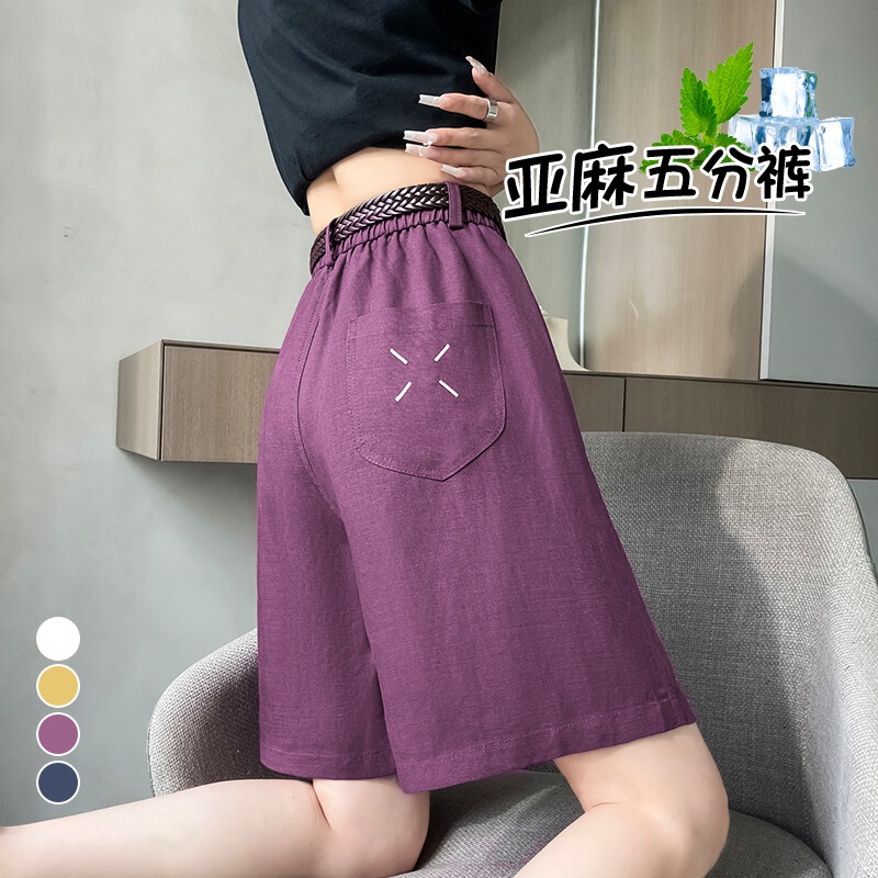 Linen Shorts for Women, Summer Thin High-Waisted Slimming Wide-Leg Knee-Length Loose Casual Straight Versatile Suit Shorts