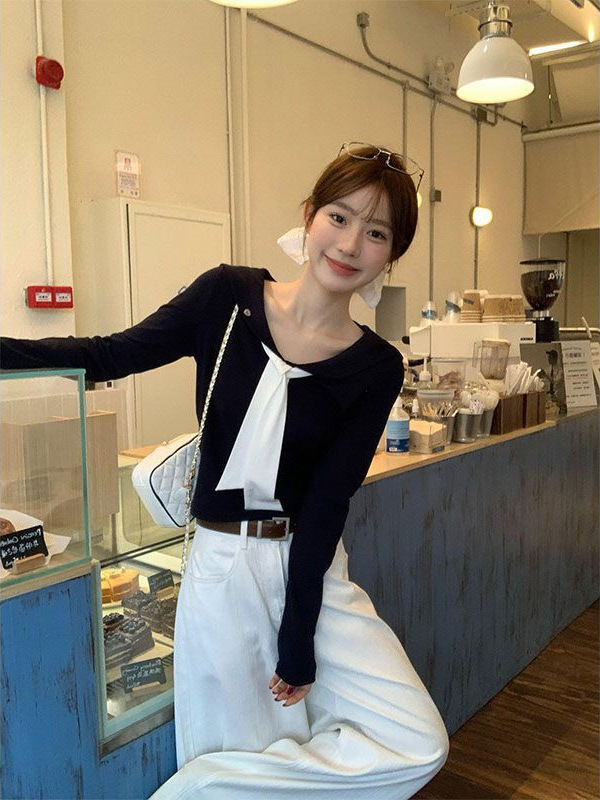 设计感娃娃领绑带长袖t恤女内搭短款修身早秋单穿韩系chic小上衣|undefined