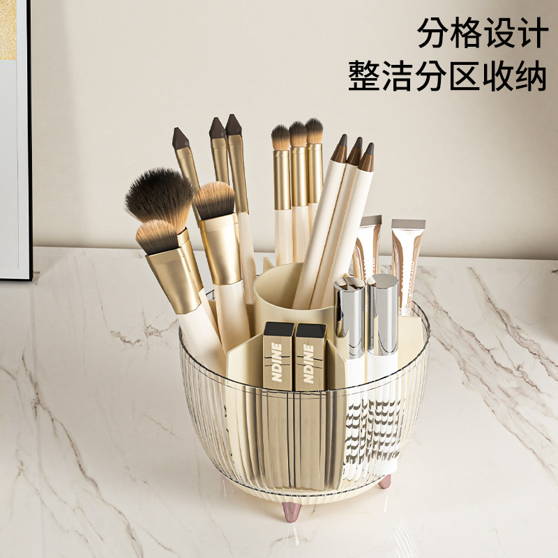 Makeup Storage Box with Rotating Pen Holder and Lid, Desktop Makeup Brush Storage Bucket, Household Large Capacity Stationery Organizer Shelf