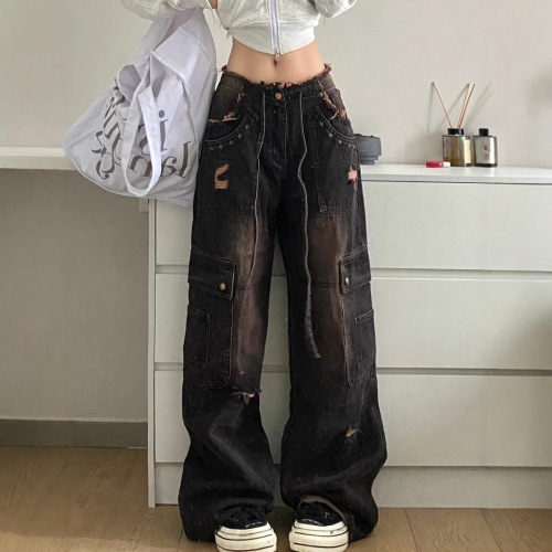 American retro washed frayed workwear jeans for women, high street straight-leg loose and slimming wide-leg floor-length pants, trendy