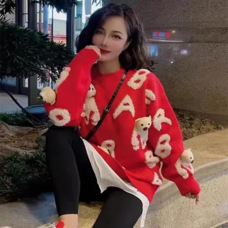 Korean style new bear sweater cute three-dimensional bear sweater women's pullover loose new western style sweater