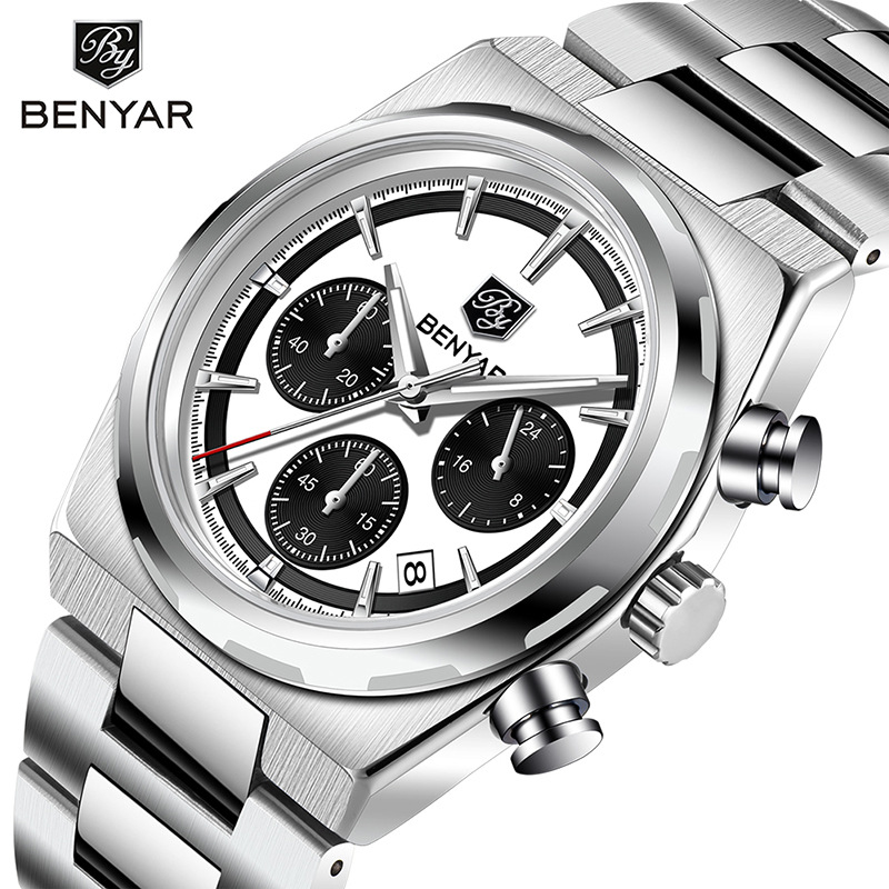 Reloj para hombre BY5204 reloj de cuarzo multifuncional de moda impermeable acero nocturno calendario reloj para hombre