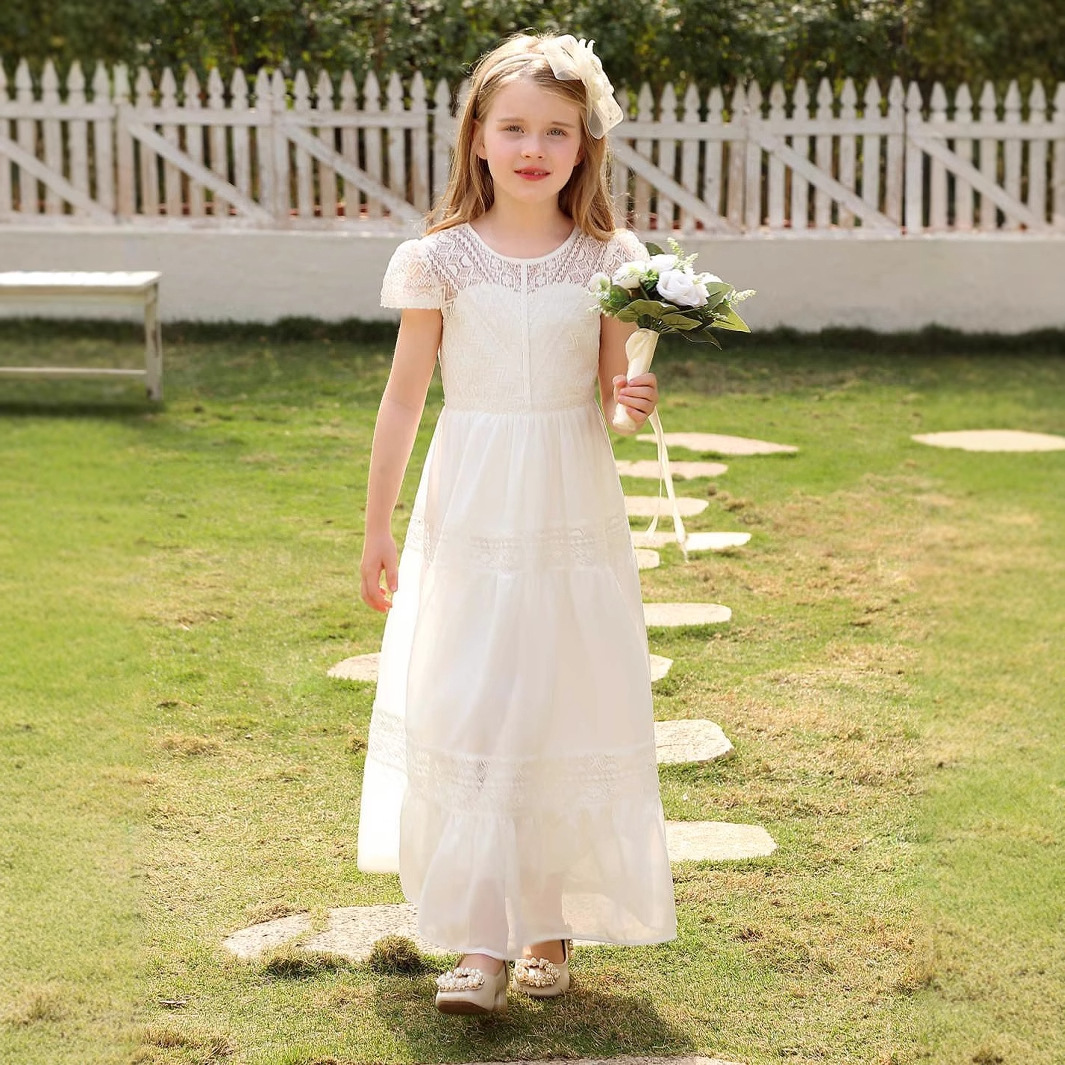Lange witte jurk voor meisjes met elegant prinsessendesign, geschikt voor optredens en als bruidsmeisjesjurk, korte mouwen, polyester. 【Voorverkoop | Verzending binnen 15 dagen】_voghion.com