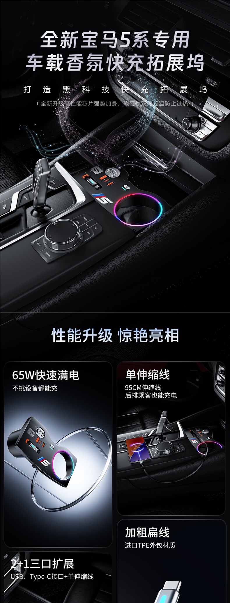 Suitable for 18-24 BMW 5 Series/6 Series GT car fast-charging aromatherapy expansion dock charger interior major modification
