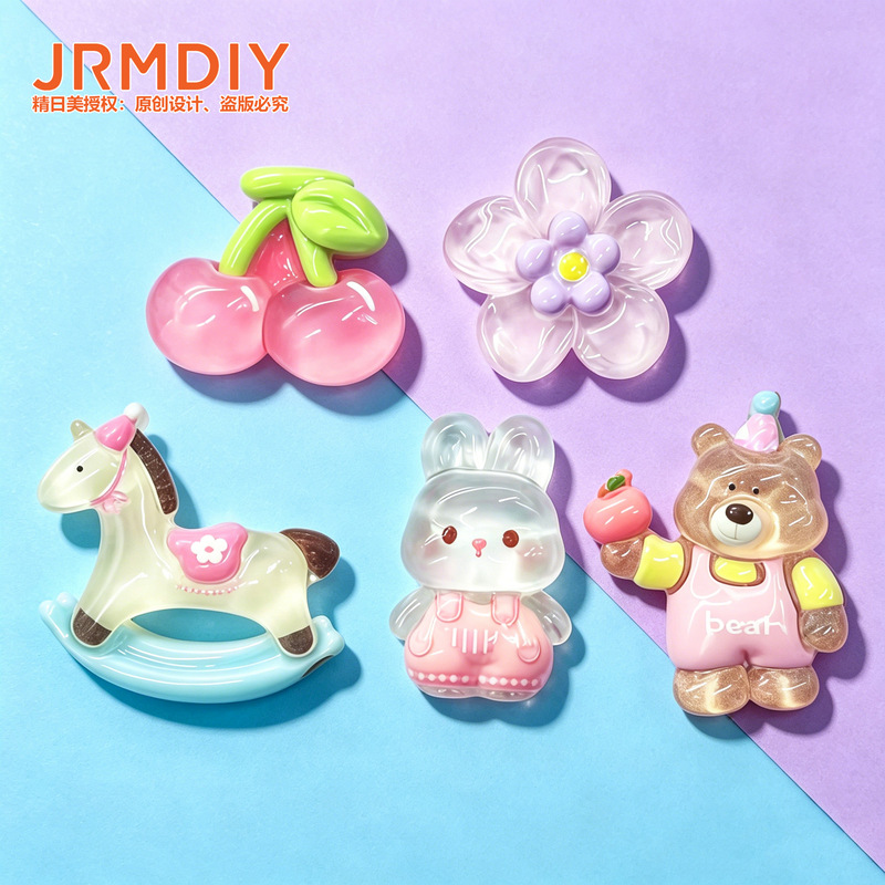 Transparent Cartoon Bunny, Bear, Cherry Resin Accessories DIY Small Ornaments Handmade Materials Flowers Cherry Carousel