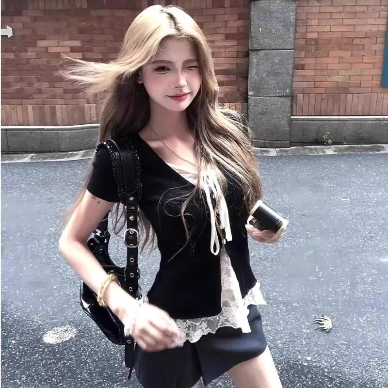 夏季修身显瘦上衣韩系纯欲风蕾丝拼接假两件ins大码女装短袖T恤潮|undefined