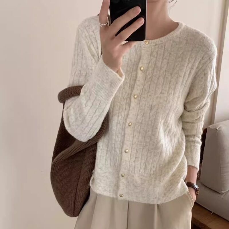 复古温柔风针织开衫外套女2025新款早秋麻花毛衣慵懒风上衣外穿|undefined