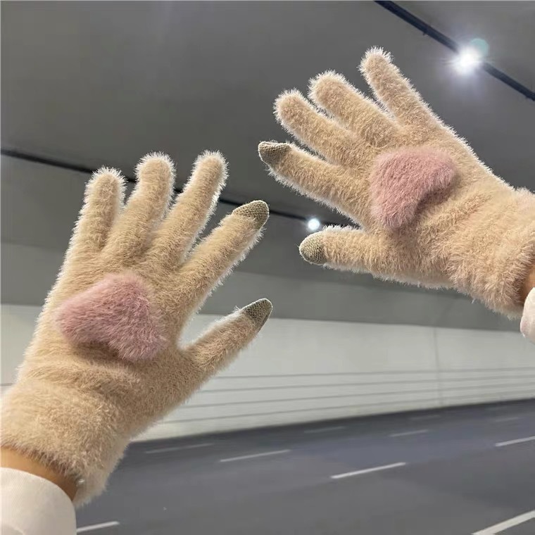 新款毛绒爱心触屏户外五指手套可爱针织秋冬保暖防风冬季少女手套|undefined