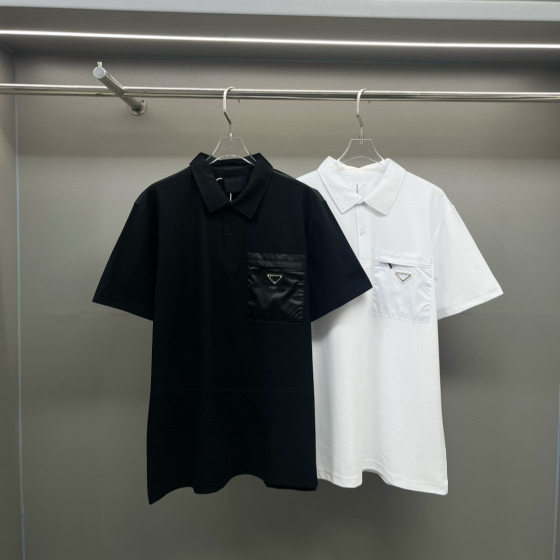 Milan Luxury Trend P Brand Pocket Triangle Logo Pique Cotton Polo Casual Commuting Business Versatile Base Breathable Short Sleeve